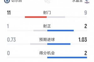 效率偏低，切尔西vs水晶宫半场数据：射门11-9，射正1-2