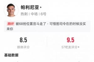 帕利尼亚本场数据：1进球1关键传球10对抗成功，评分8.5全场最高